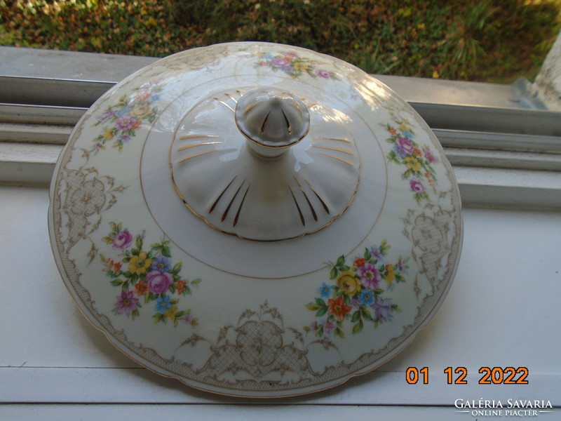 Antique Czech rose garland with a baroque grid pattern, serving bowl with colorful flower bouquets with domed lid