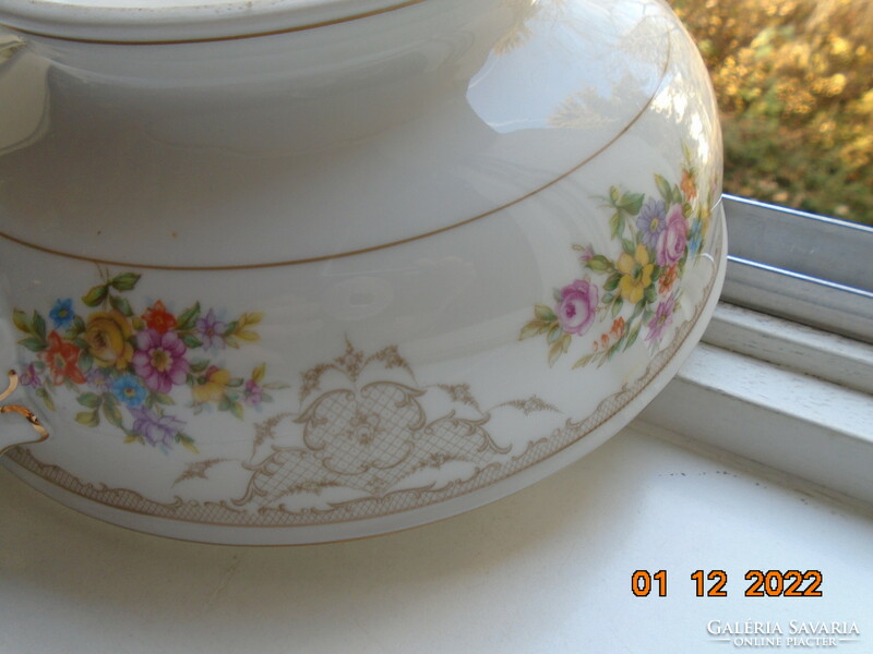 Antique Czech rose garland with a baroque grid pattern, serving bowl with colorful flower bouquets with domed lid