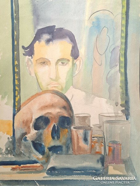 Memento mori (watercolor) self-portrait? Unidentified artist - male portrait with skull