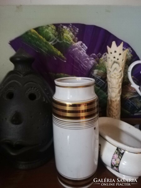 Barna arany csíkos fehér henger alakú retro porcelán váza