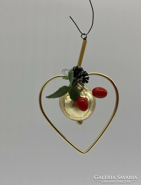 Old glass Christmas tree ornament golden heart and spherical glass ornament with mini cone