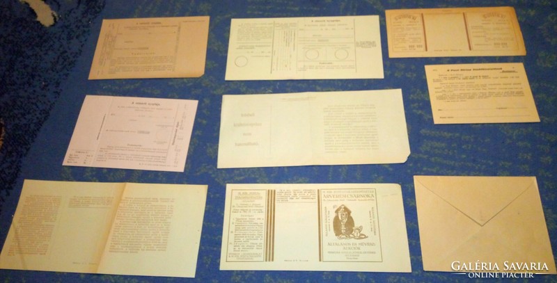 Postai utalványok, aprónyomtatványok, szelvények, elismervények, boríték bélyeggel, háború előtti