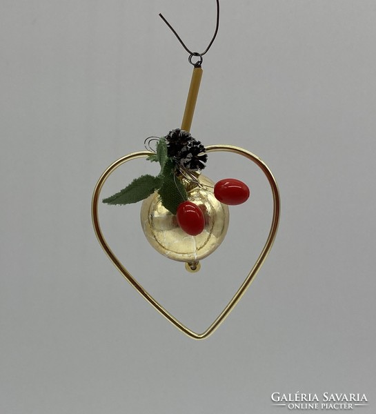 Régi üveg karácsonyfadísz arany szív és gömb alakú üvegdísz mini tobozzal