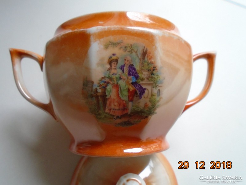Art Nouveau eosin glazed polygonal numbered marked tea sugar bowl with baroque scenes