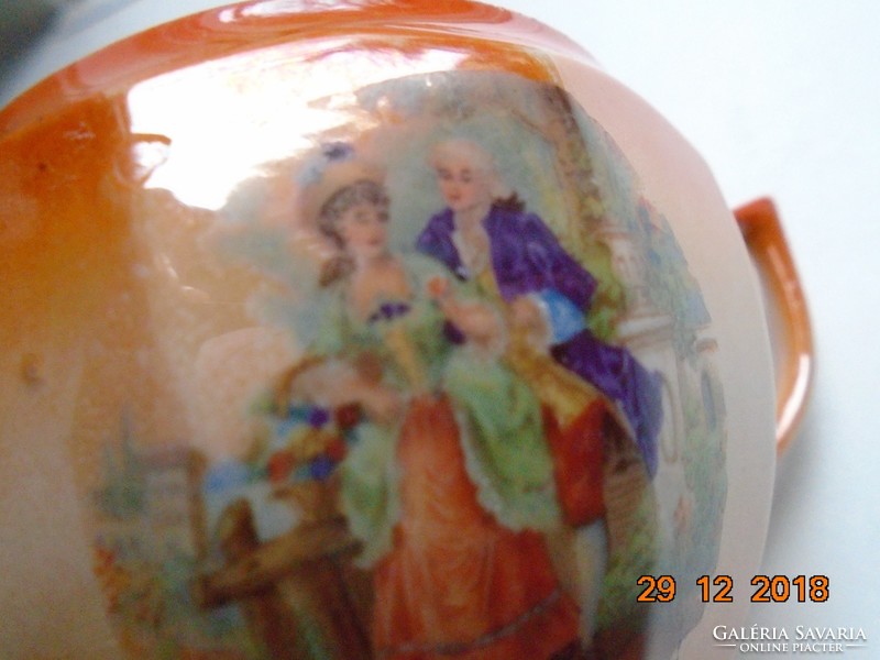 Art Nouveau eosin-glazed polygonal marked and numbered coffee sugar bowl with baroque scenes