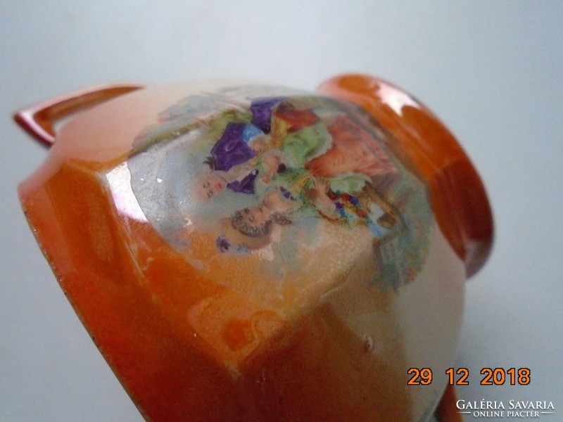 Art Nouveau eosin-glazed polygonal marked and numbered coffee sugar bowl with baroque scenes