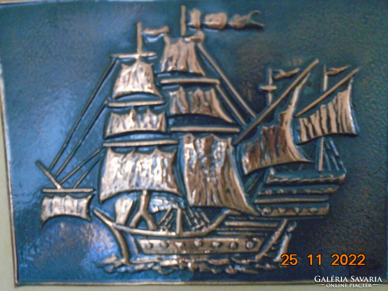 Antique sailing ship, Columbus's ship (?), Red copper relief framed with passport