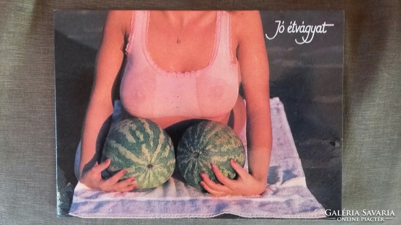 Funny erotic postcard - lady with 2 watermelons