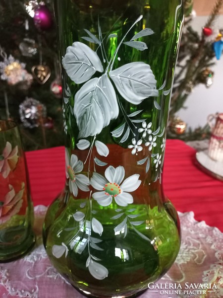 Molded glass lemonade pitcher with 2 glasses, hand painted