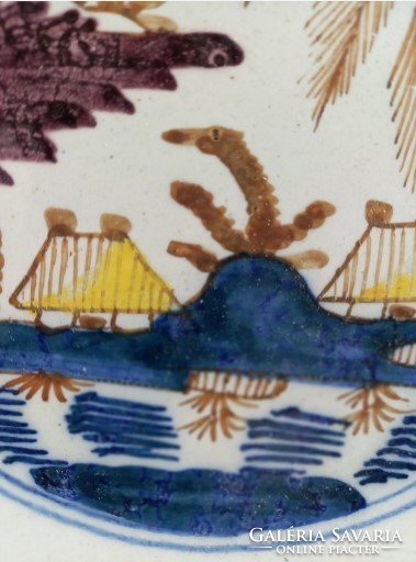 1750 körül Delfts aardewerk - Régi, több színben festett tájképes fajansz tányér