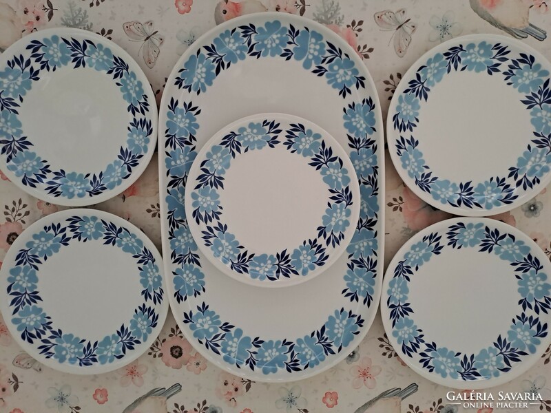 Alföldi ritka kék virágos porcelán retro kínáló készlet Ovális kínáló sütis tányérok