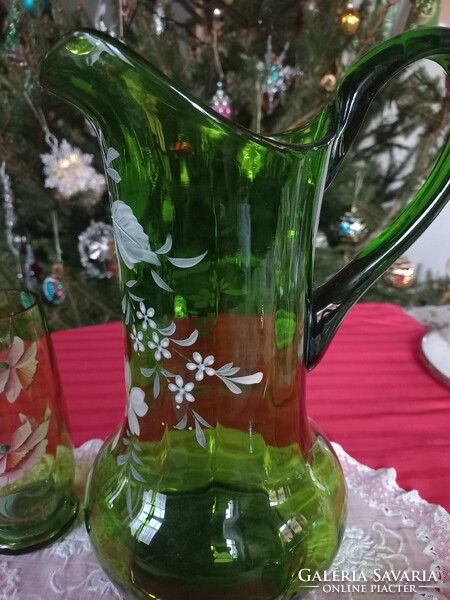 Molded glass lemonade pitcher with 2 glasses, hand painted
