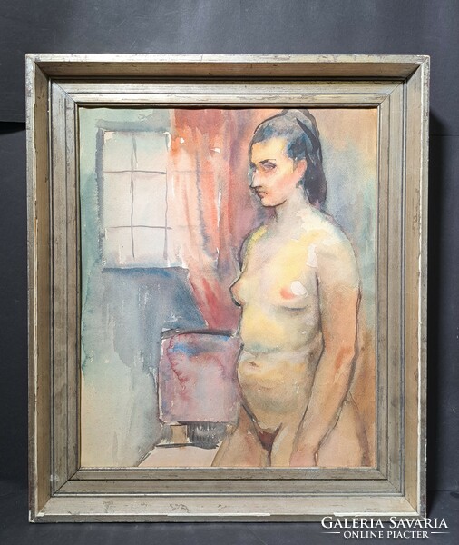 Nude (watercolor) with frame 54x47 cm - unidentified artist
