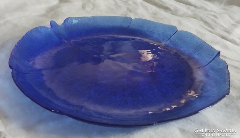 Blue glass, leaf shape, ribbed tray, cake plate, bowl, 23 cm