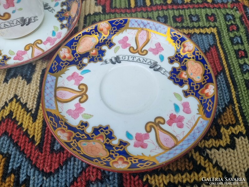 Ritka antik Bisto England Maple & Co Gitana angol porcelán csésze + 3 tányér