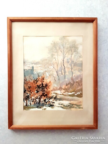 Lajos Raksányi - winter landscape with bushes 1965. Painting by C