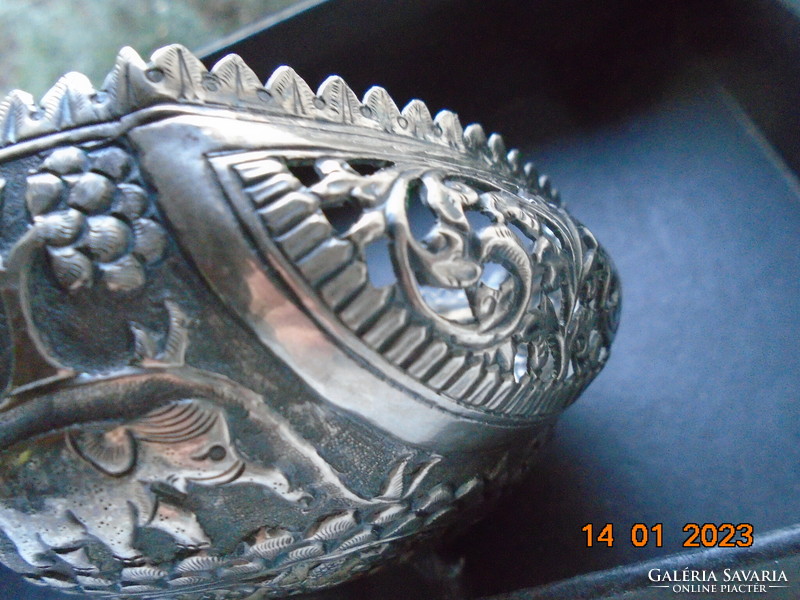 Antique Karachi cutch openwork silver bowl on 3 legs with repoussé lion, elephant and llama figures