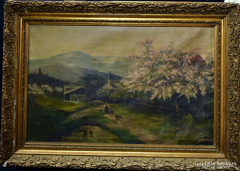 XIX. Sz end Austrian painter: view of an Alpine village in a historicizing frame