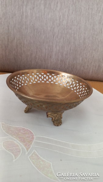 Vintage copper small tray with openwork edges and engraved legs