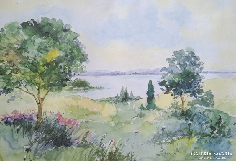 Waterside landscape with frame (42×32 cm) print after watercolor