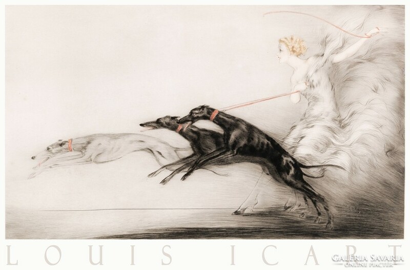 Louis Icart Tempo 1927 Art Deco Engraving Art Poster Girl Three Greyhound Whippet Black Dog