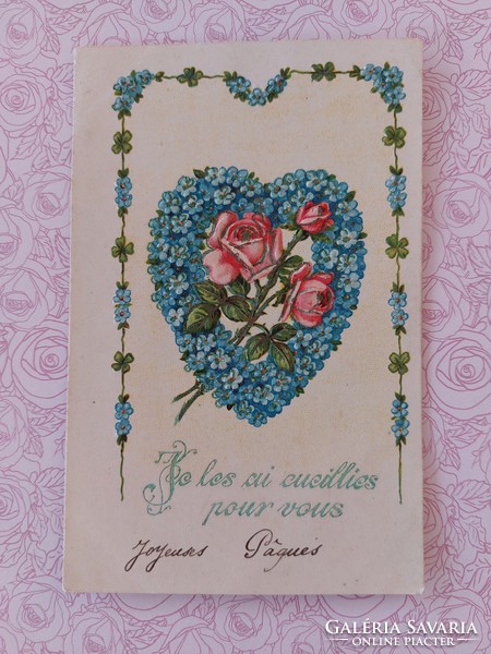 Old postcard embossed postcard clover rose heart forget-me-not motif