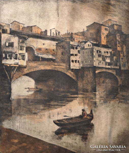 Firenze, Ponte Vecchio, 1928 - szinezett rézkarc (méret kerettel 50x44 cm) olasz város