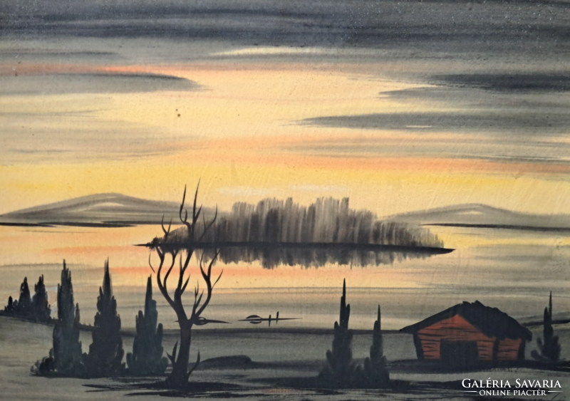 Naplemente a tóparton (festmény kerettel) alkonyat, vízparti tájkép - keleti művész?