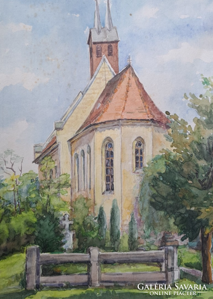 Pattantyus Sári: Templom - akvarell 1981-ből, épület képe - Loy Sári, Loy Sára