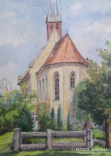 Pattantyus sari: church - watercolor from 1981, image of building - loy sari, loy sára