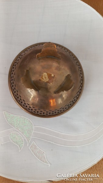 Vintage copper small tray with openwork edges and engraved legs
