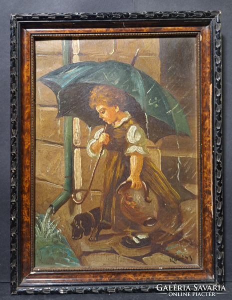 Lány tacskóval az esőben - Kováts jelzéssel (olajfestmény kerettel 40x30 cm) tacskó kutya, életkép