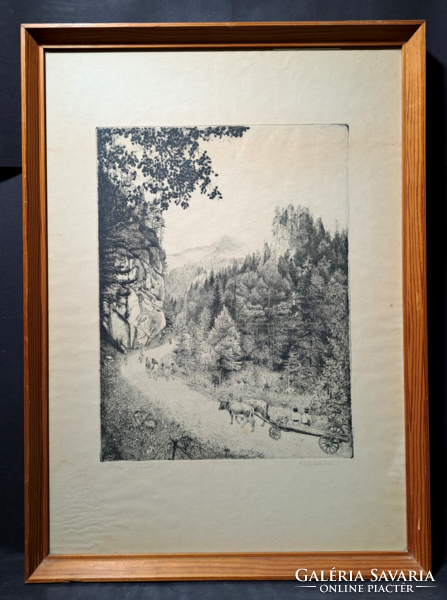 Jenő Dudás: between mountains (etching) cozy peasant life, village life