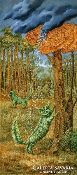 Remedios varo cat fern reprint print, green tabby cat on the meadow