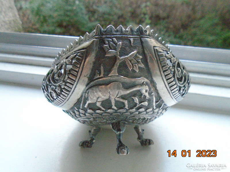 Antique Karachi cutch openwork silver bowl on 3 legs with repoussé lion, elephant and llama figures