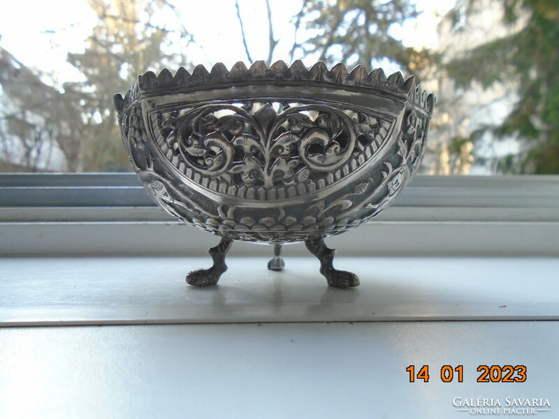 Antique Karachi cutch openwork silver bowl on 3 legs with repoussé lion, elephant and llama figures