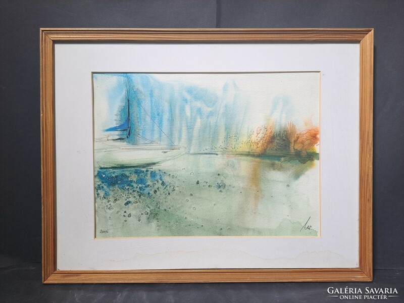 Sailing on the lake - contemporary watercolor (size with frame 42×32 cm) on balat? - Landscape specialty