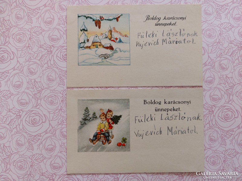 Régi mini karácsonyi képeslap 1942 üdvözlőkártya gyerekek havas táj 2 db