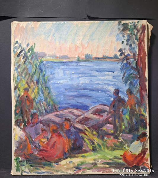 Valéria Čũrösné bruckner: boatmen on the waterfront (40x46 cm) oil on canvas