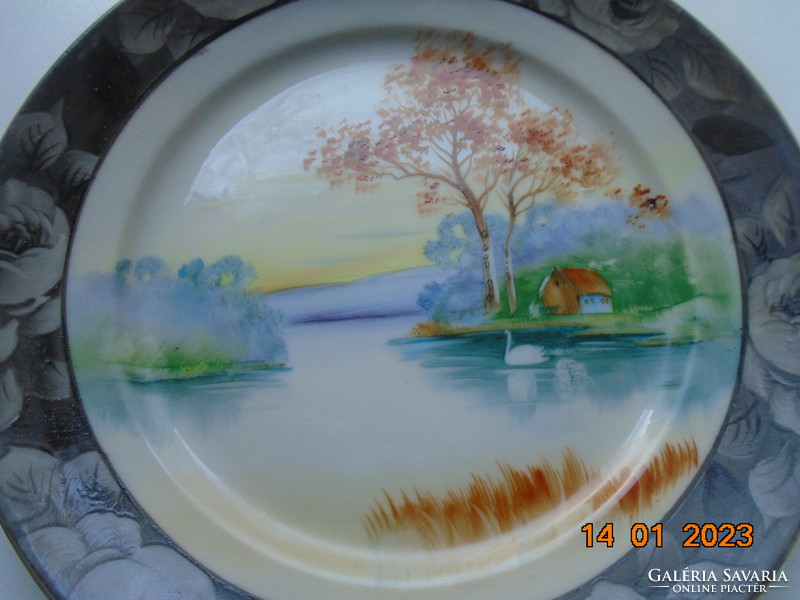 Hand-painted Japanese plate with landscape, silver rose rim