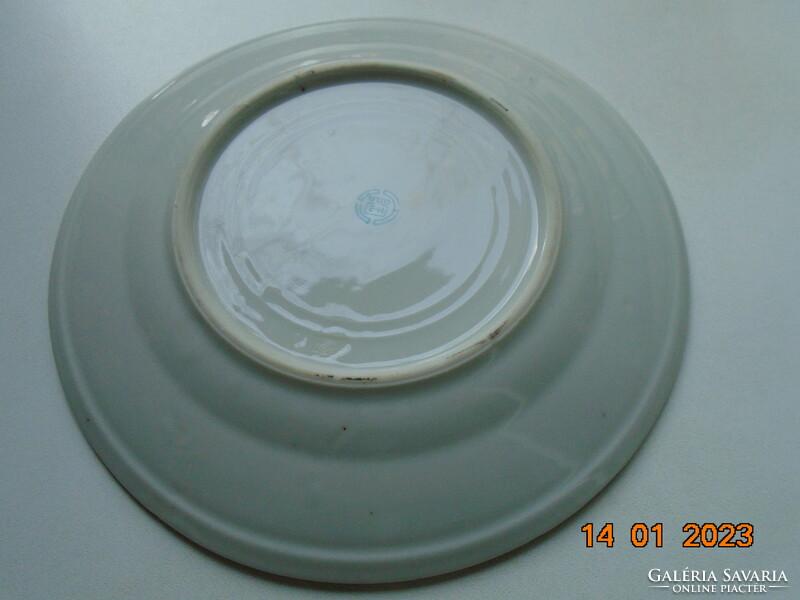 Hand-painted Japanese plate with landscape, silver rose rim