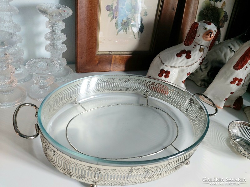 Heat-resistant baking dish with insert, vintage silver-plated table centerpiece with lid, 43 cm