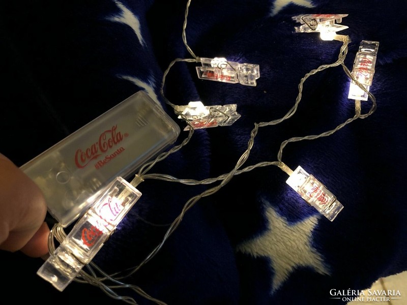 Coca-Cola Christmas tree, restaurant string of light bulbs, clip-on battery with + switch