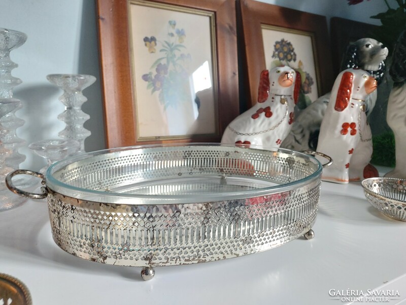 Heat-resistant baking dish with insert, vintage silver-plated table centerpiece with lid, 43 cm
