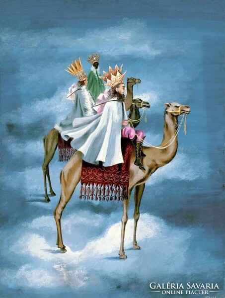 Remedios Varo Napkeleti bölcsek reprint nyomat, Három királyok, teve sivatag palást korona kék ég
