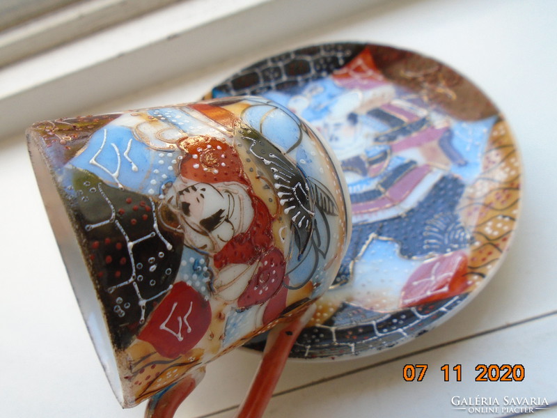 Antique Hand Painted Meiji Satsuma Kyoto Moriage Eggshell with Porcelain Mocha Cup Coaster