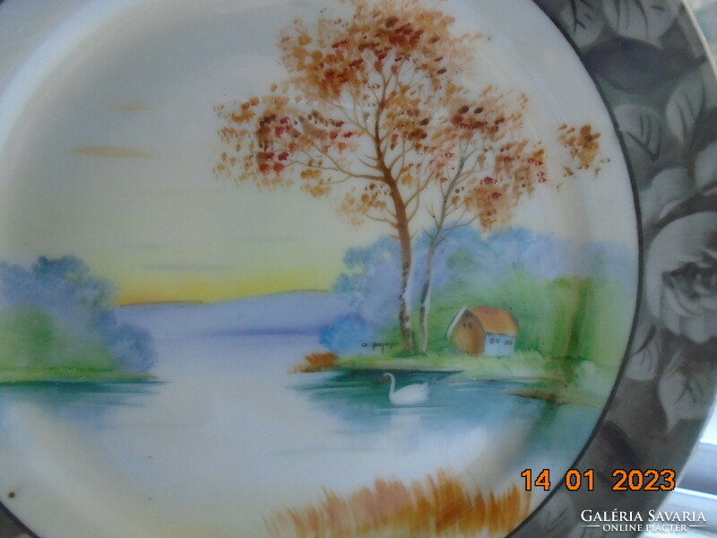 Hand-painted Japanese plate with landscape, silver rose rim