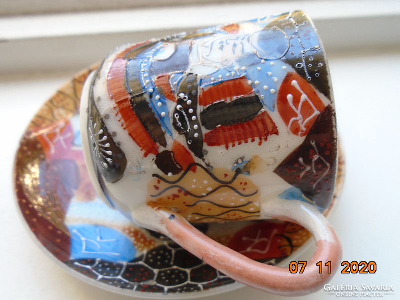 Antik Kézzel festett Meidzsi Satsuma Kyoto Moriage tojáshéj porcelán mokkás csésze alátéttel