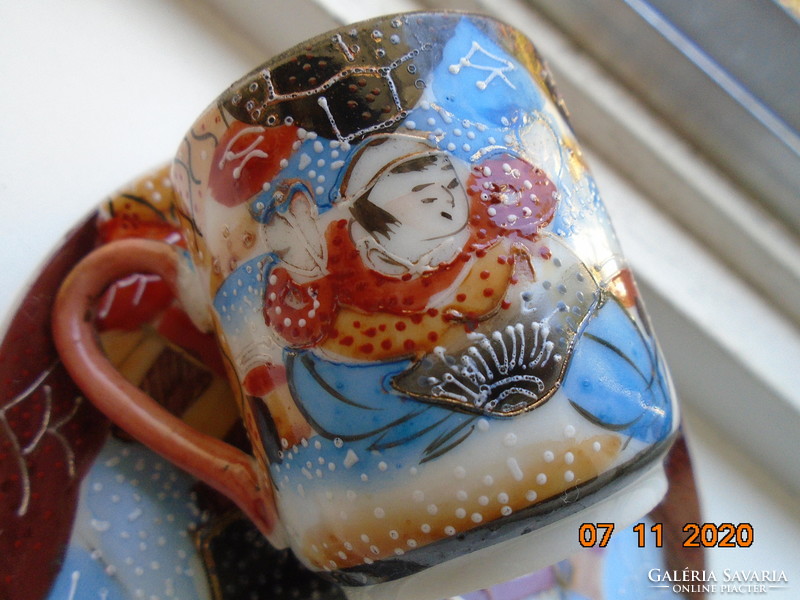 Antik Kézzel festett Meidzsi Satsuma Kyoto Moriage tojáshéj porcelán mokkás csésze alátéttel