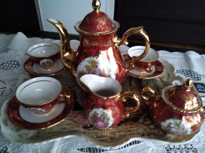 Négy személyes 24 karátos arannyott mintával, jelenetes porcelán barokk kávés készlet!